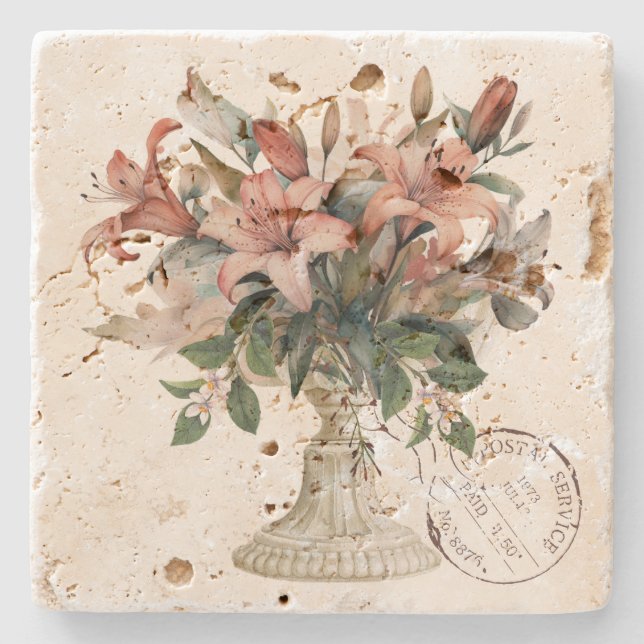 Eleganta franska akvarellblommor med stämpel  stenunderlägg (Framsidan)
