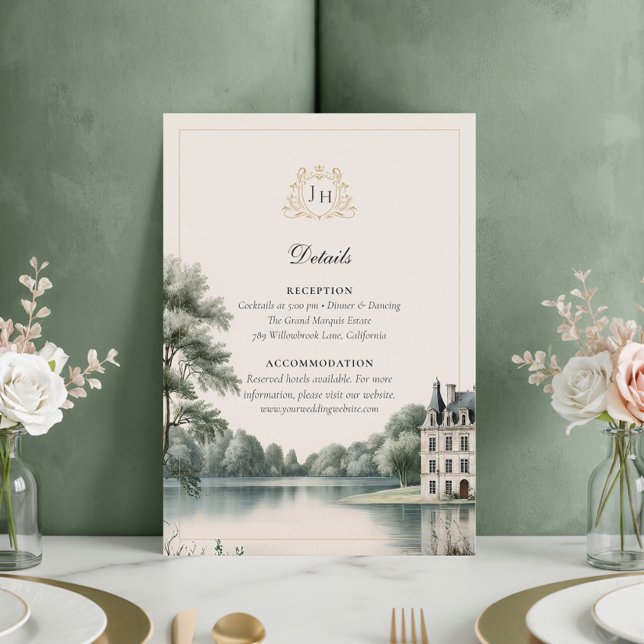Eleganta franska Château-monogram bröllopsdetaljer Tilläggskort (Skapare uppladdad)