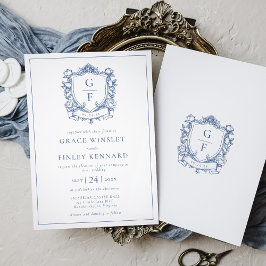 Eleganta franska rosor Blå monogram vapensköld Brö Inbjudningar