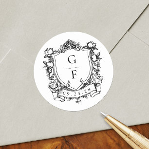 Eleganta franska rosor monogram vapen Bröllop Runt Klistermärke