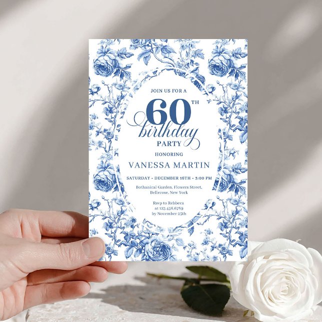 Eleganta franska Toile blå rosor 60-årsdag   Inbjudningar (Elegant French Toile Blue Roses 60th Birthday Invite)