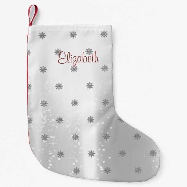 Eleganta glänsande snöflingor-personaliserade liten julstrumpa (Framsidan)