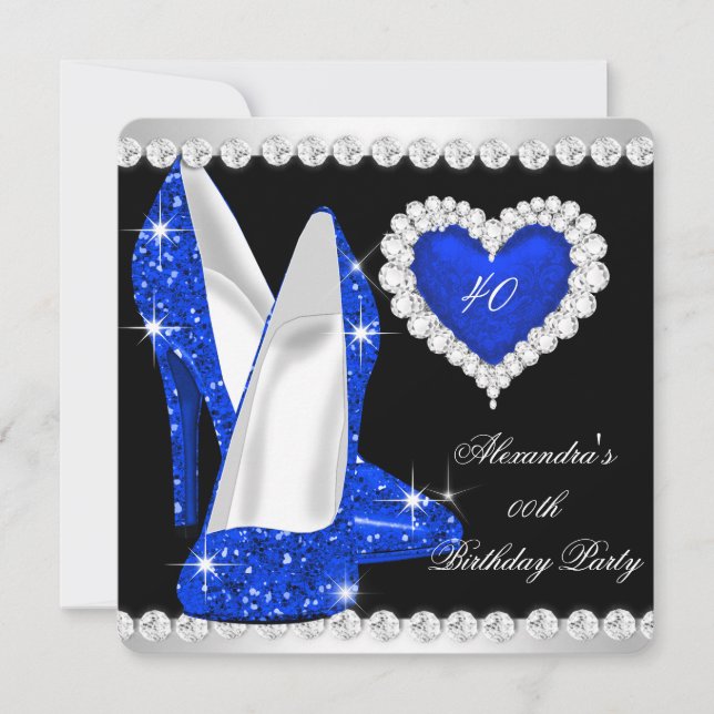 Eleganta glitter koboltblå hjärtskor födelsedag inbjudningar (Framsida)