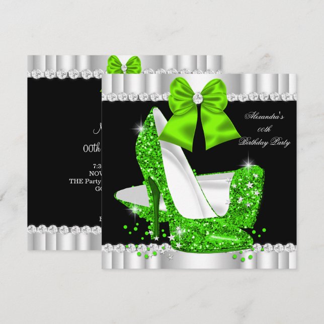 Eleganta glitter lime glamour höga klackar födelse inbjudningar (Fram/baksida)