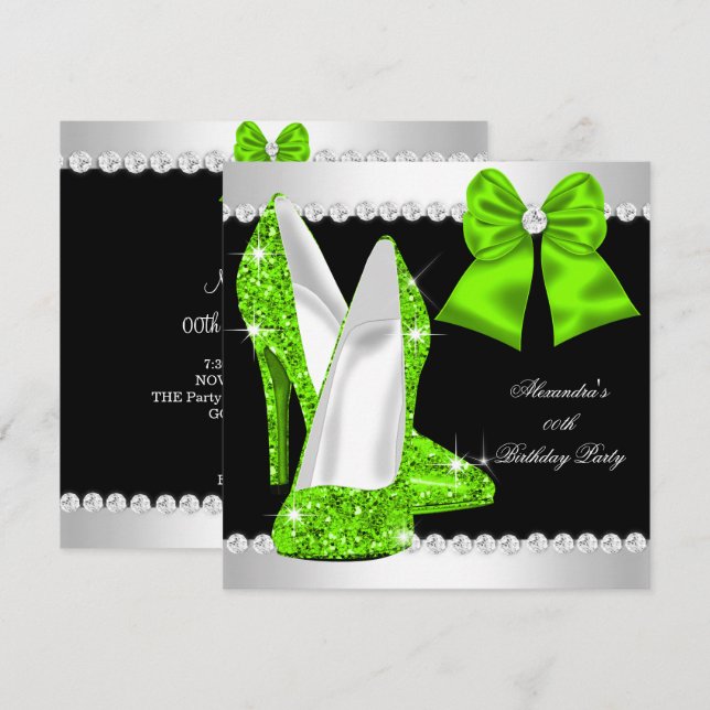 Eleganta glitter limegröna klackskor födelsedag inbjudningar (Fram/baksida)