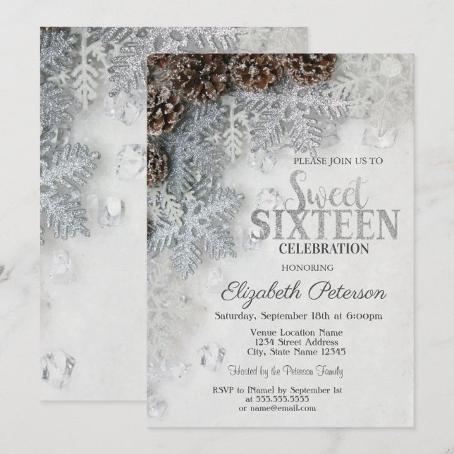 Eleganta glitter snöflingor tallkottar  Sweet 16  Inbjudningar (Fram/baksida)