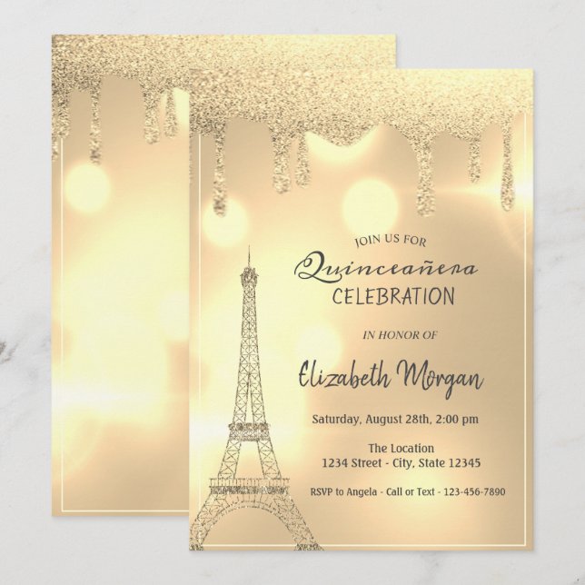 Eleganta glitterdroppar, Guld Eiffeltornet Bokeh Inbjudningar (Fram/baksida)