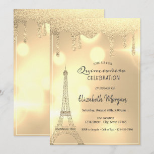 Eleganta glitterdroppar, Guld Eiffeltornet Bokeh Inbjudningar