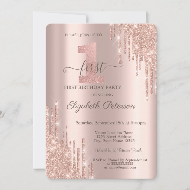 Eleganta glitterdroppar Roséguld 1-årsdag Inbjudningar (Framsida)