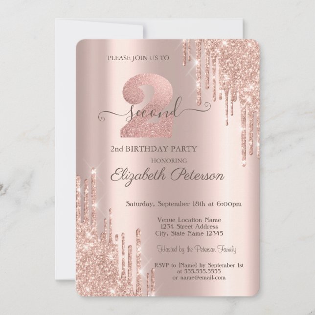 Eleganta glitterdroppar Roséguld 2-års födelsedag Inbjudningar (Framsida)