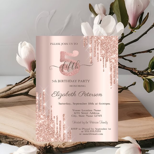 Eleganta glitterdroppar Roséguld 5-årsdag   Inbjudningar (Skapare uppladdad)