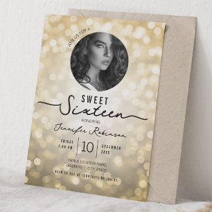 Eleganta glitterljus Sweet 16 födelsedag guld Inbjudningar