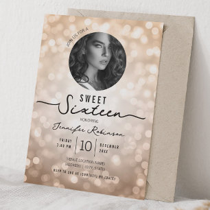 Eleganta glitterljus Sweet 16 födelsedag Rose Gold Inbjudningar