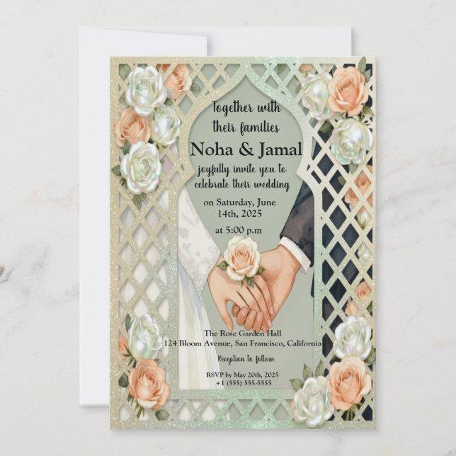 Eleganta glitterrosor valv romantiska par händer inbjudningar (Framsida)