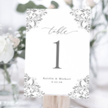 Eleganta grå silverbröllopsbord nummerkort 5x7