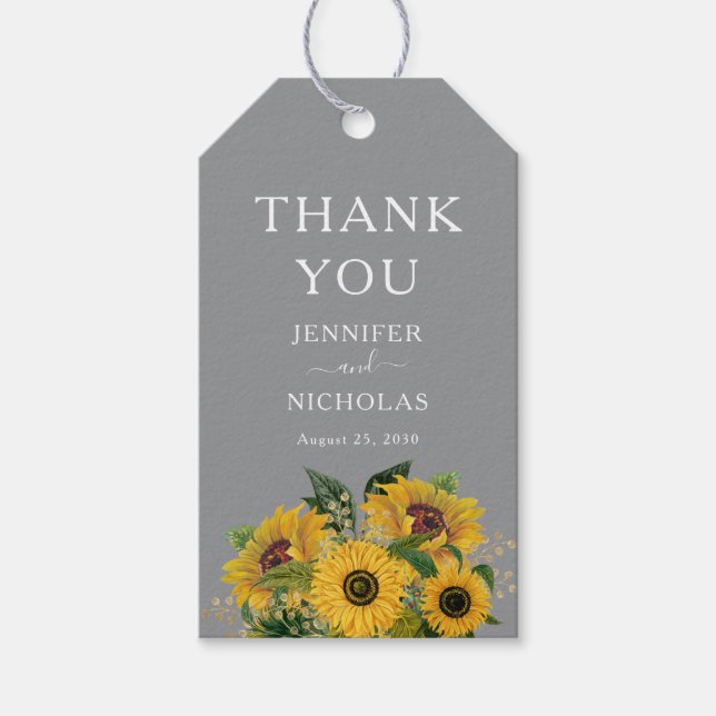 Eleganta grå solrosor bröllop tack  presentetikett (Framsidan)