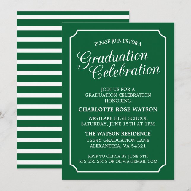 ELEGANTA GRADUATIONSFESTKORT MED STIL OCH CHIC INBJUDNINGAR (Fram/baksida)