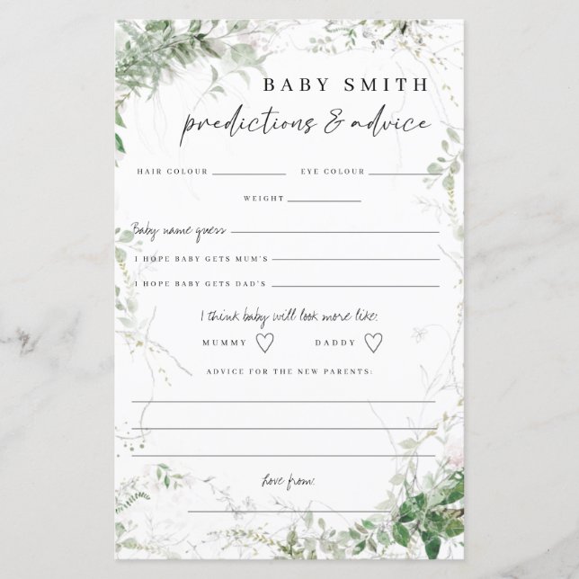 Eleganta Greenery Baby Shower Rådkort (Framsida)