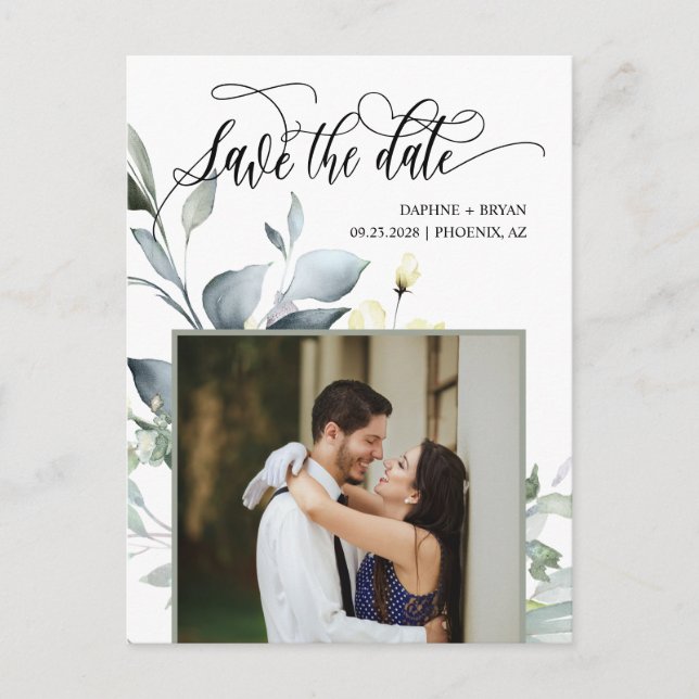 Eleganta gröna blad QR-kod Foto Spara datum Meddelande Vykort (Framsida)