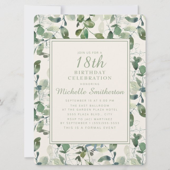 Eleganta gröna eucalyptusblad 18-årsdag inbjudningar (Framsida)