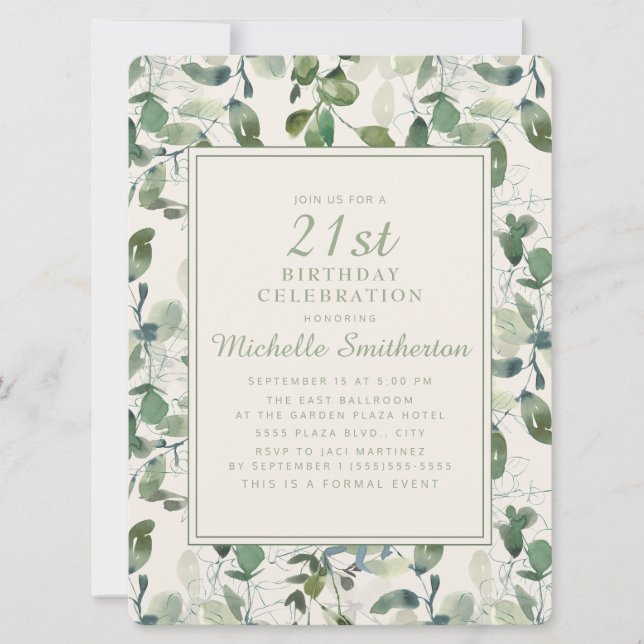 Eleganta gröna eucalyptusblad 21-årsdag inbjudningar (Framsida)