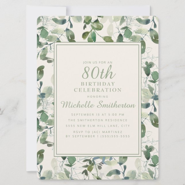 Eleganta gröna eucalyptusblad 80-årsdag inbjudningar (Framsida)
