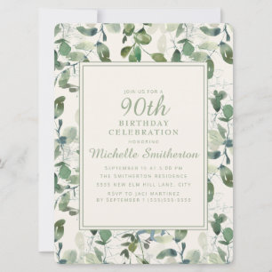 Eleganta gröna eucalyptusblad 90-årsdag inbjudningar