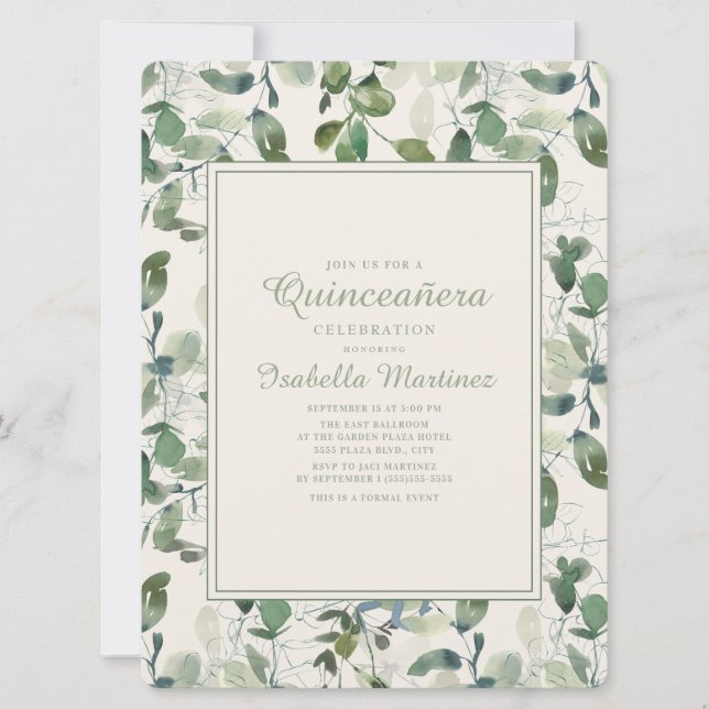 Eleganta gröna eucalyptusblad Quinceanera Inbjudningar (Framsida)