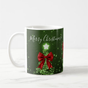 Eleganta gröna julträd med röda band kaffemugg