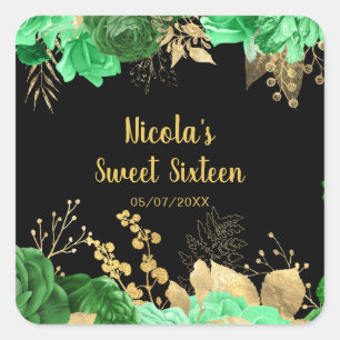 Eleganta gröna och gyllene blommor Sweet Sixteen Fyrkantigt Klistermärke