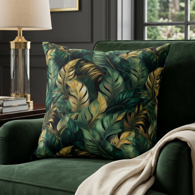 Eleganta gröna och gyllene Monstera blad Kudde (Skapare uppladdad)