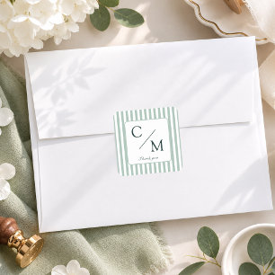 Eleganta gröna ränder Monogram Bröllop Fyrkantigt Klistermärke
