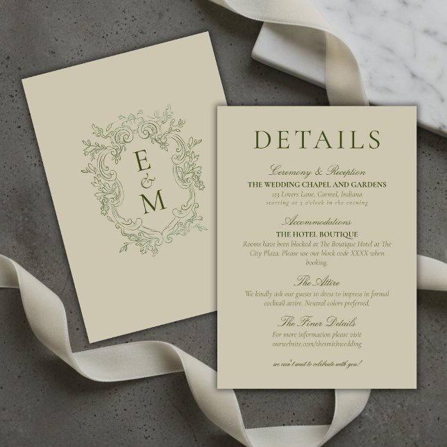 Eleganta gröna vapensköldsmonogram bröllopsdetalje tilläggskort (Elegant Sage Green Crest Monogram Wedding Details Enclosure Card)