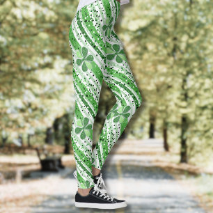 Eleganta gröna vita ränder Shamrock Glitter Leggings