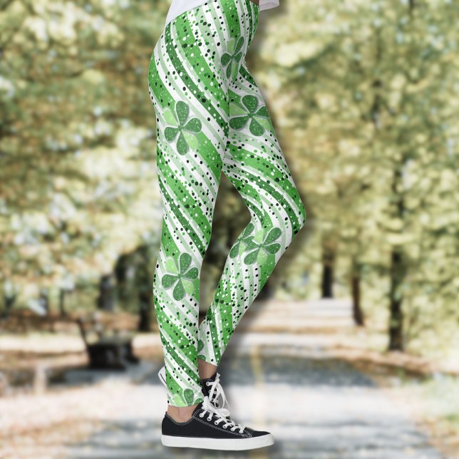 Eleganta gröna vita ränder Shamrock Glitter Leggings (Skapare uppladdad)