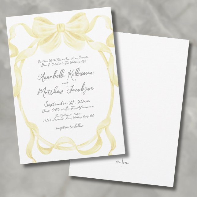 Eleganta gula bandstjärnor Whimsical bröllop Inbjudningar (Elegant Yellow Bow Ribbons Whimsical Wedding Invitation)