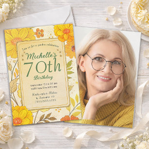 Eleganta gula blommor Guld trädgård Foto 70-årsdag Inbjudningar