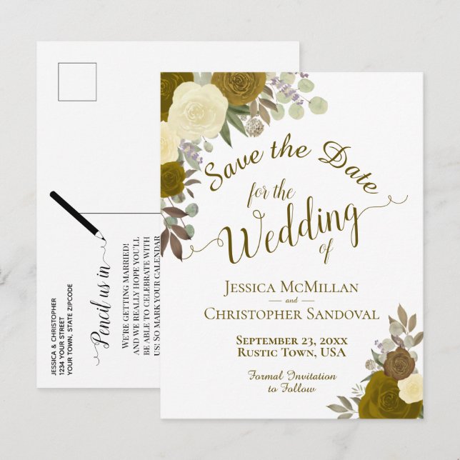 Eleganta gula eller guldfärgade rosor Bröllop Spar Meddelande Vykort (Fram/baksida)