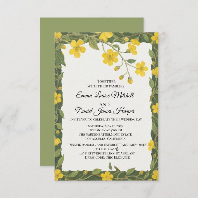 Eleganta gula gröna vilda blommor blommig inbjudningar (Fram/baksida)