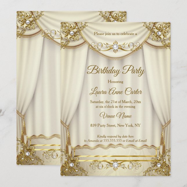 Eleganta Guld Beige Kräm Pärl Draperier fest Inbjudningar (Fram/baksida)