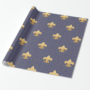 Eleganta guld- & blåttFleur De Lis Wrapping pappe Presentpapper