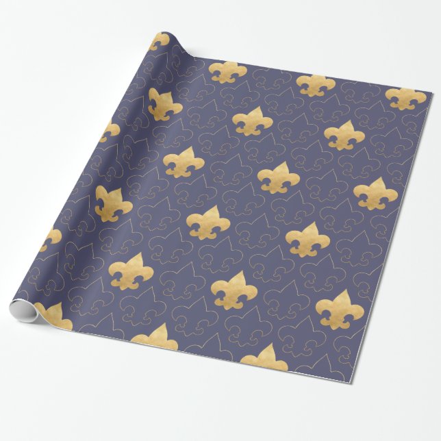 Eleganta guld- & blåttFleur De Lis Wrapping papper Presentpapper (Utrullad)