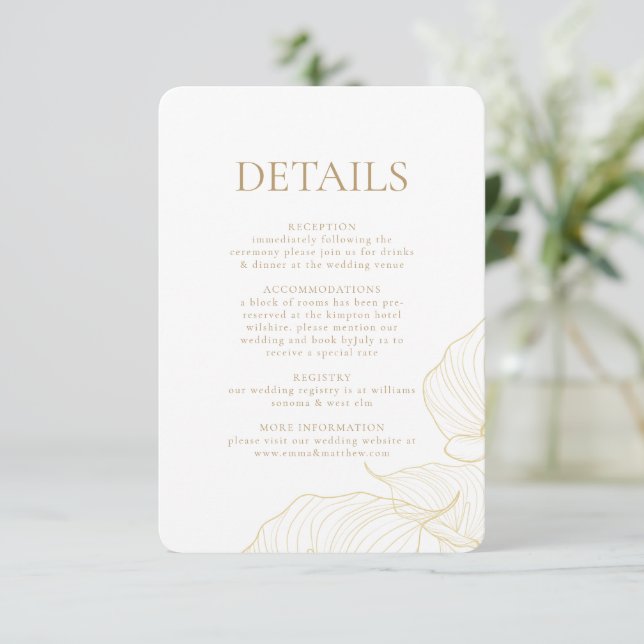 Eleganta Guld Blommor Botanisk Modern Bröllop Tilläggskort (Stående Fram)
