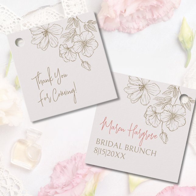 Eleganta Guld Blommor Bröllopskalas Tack Kort Gåvor Etiketter (Elegant Gold Flowers Bridal Shower Thank You Favor Tags)