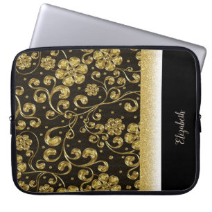 Eleganta Guld Blommor,Glitter,Svart-Personlig Laptop Fodral