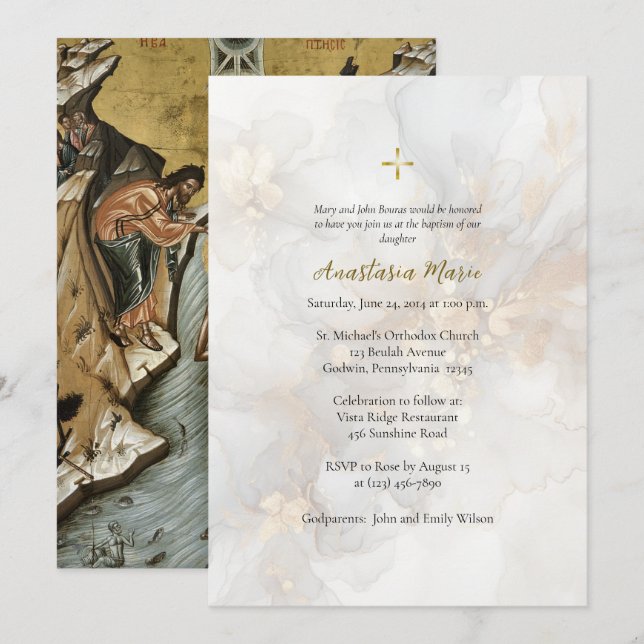 Eleganta Guld Blommor Ortodox Kristna Dop Inbjudningar (Fram/baksida)