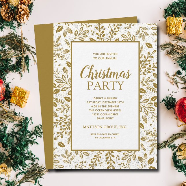 Eleganta Guld Botaniska Julfest Inbjudningar (Elegant gold (non-metallic) botanicals Christmas party invitations, PRINTED and/or INSTANT DOWNLOAD)