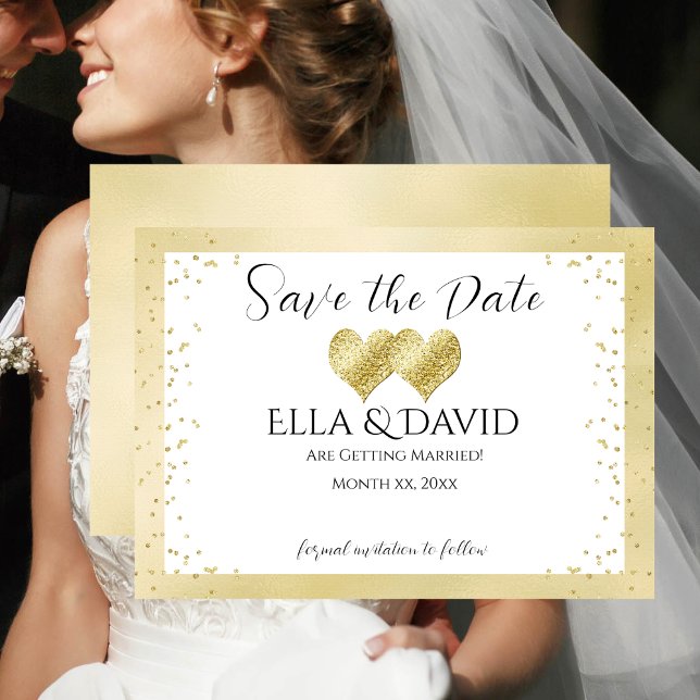 Eleganta Guld Bröllopshjärtan Spara Datumet (Save The Date Elegant Gold Wedding Hearts)