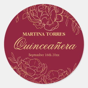 Eleganta guld- Burgundy röda blom- Quinceanera Runt Klistermärke