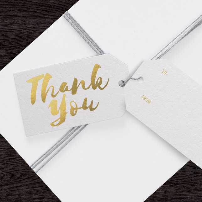 Eleganta guld falska folie tack-gåva etiketter (A simple white and gold thank you for all your gift tag needs)